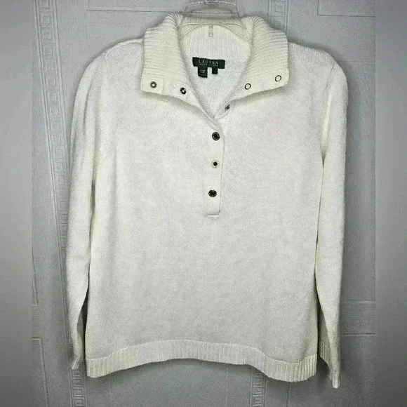 Lauren Ralph Lauren White Cotton Cropped Polo Knit Sweater Plus Womens 1X EUC - Picture 1 of 15